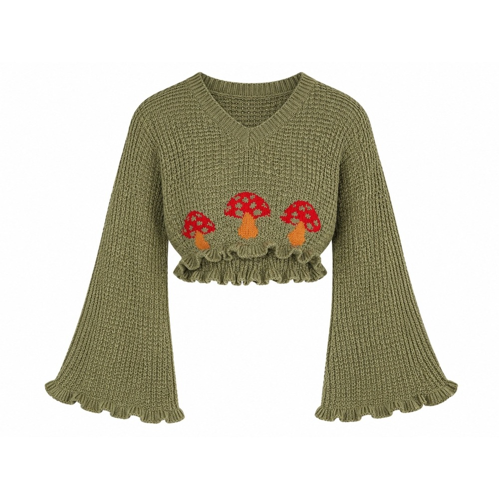 Y2K Fairycore Whimsigoth Mushroom Sweater Teen Green Crop Top Cottagecore